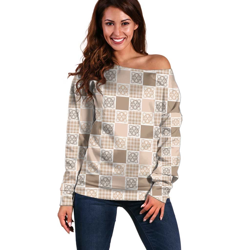 Hawaiian Palaka Quilt Pattern Off Shoulder Sweater Hawaii Culture Tropical Flowers Mix - Polynesian Pride