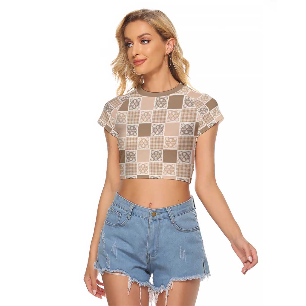 Hawaiian Palaka Quilt Pattern Raglan Cropped T Shirt Hawaii Culture Tropical Flowers Mix - Polynesian Pride
