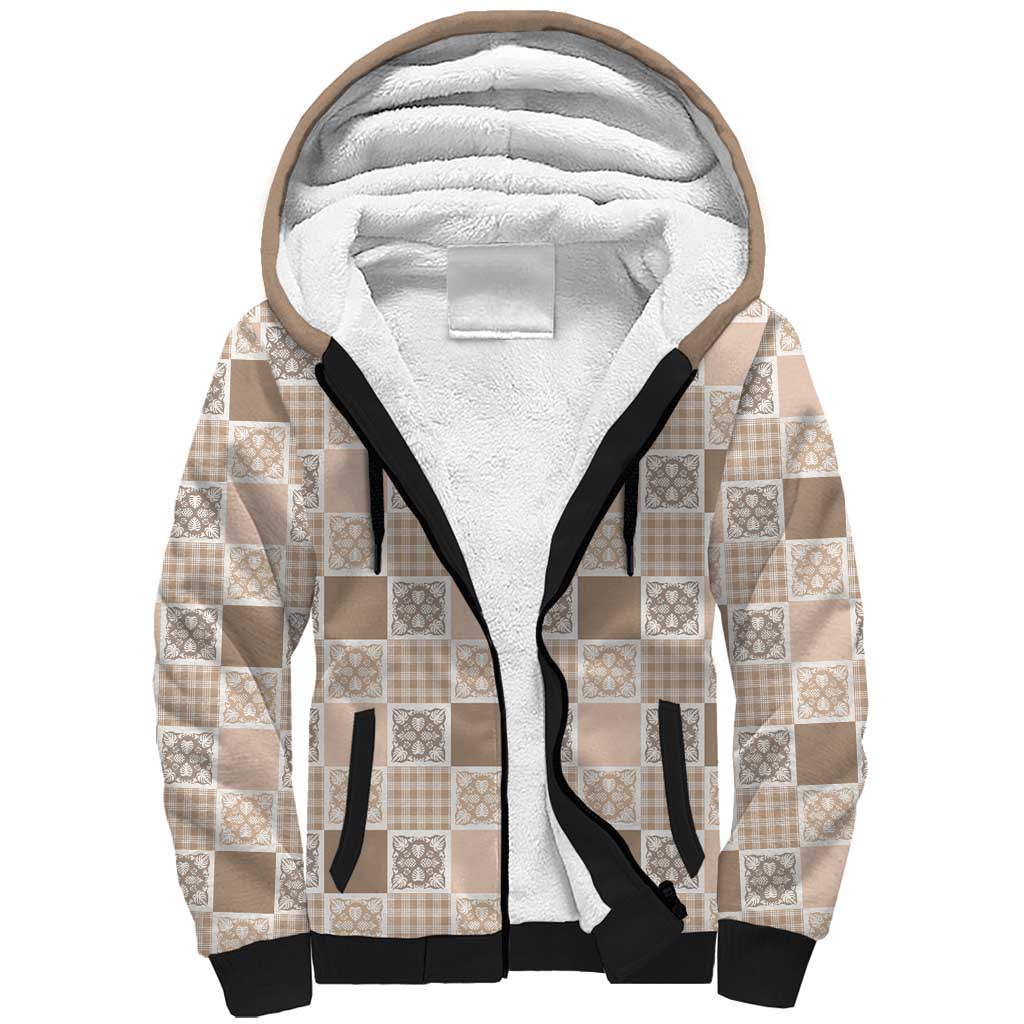 Hawaiian Palaka Quilt Pattern Sherpa Hoodie Hawaii Culture Tropical Flowers Mix - Polynesian Pride