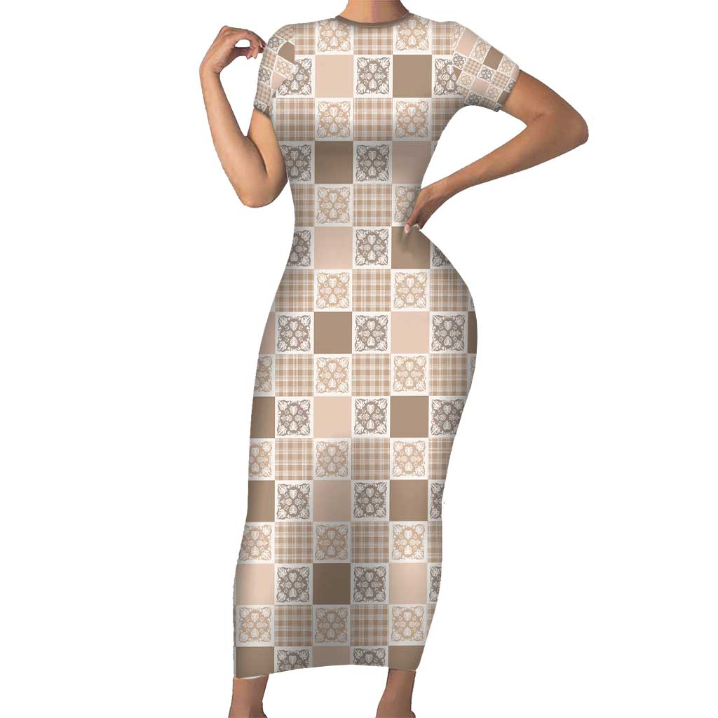 Hawaiian Palaka Quilt Pattern Short Sleeve Bodycon Dress Hawaii Culture Tropical Flowers Mix - Polynesian Pride