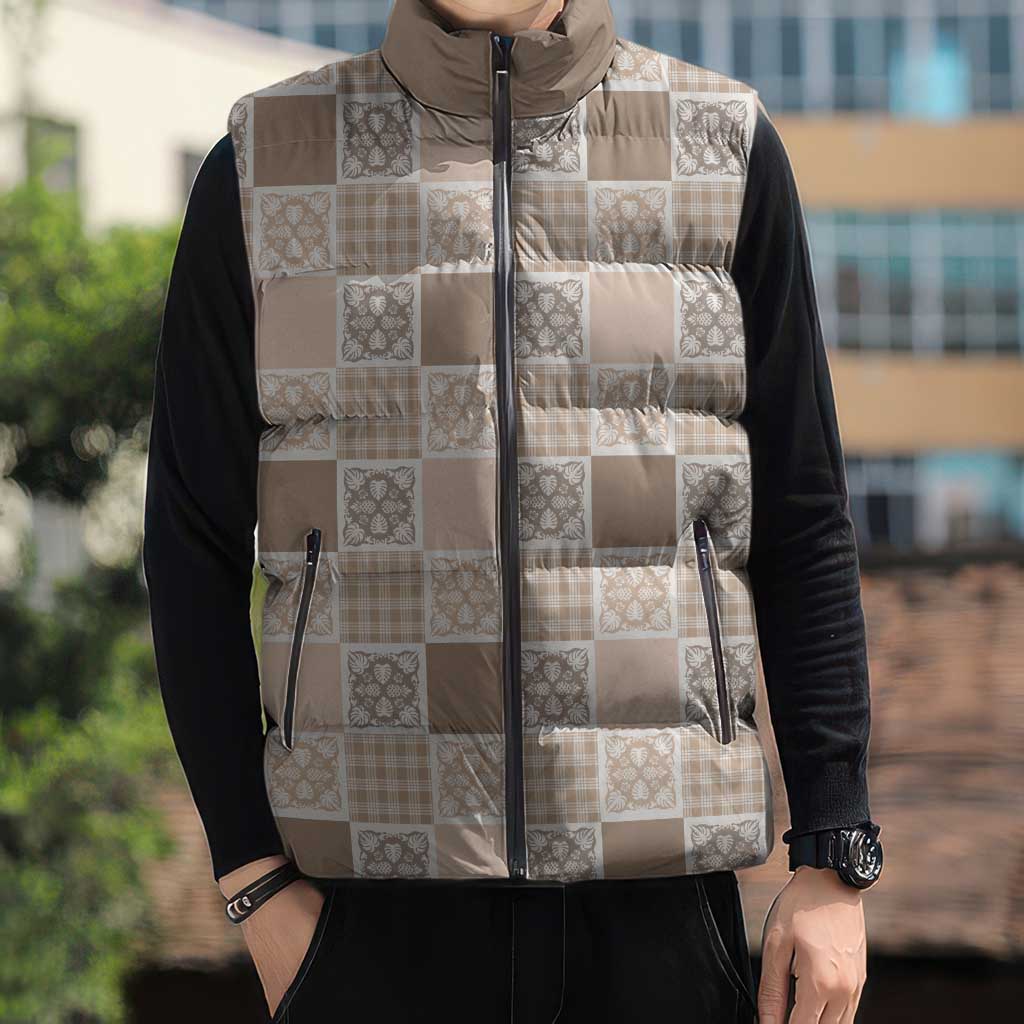 Hawaiian Palaka Quilt Pattern Sleeveless Puffer Jacket Hawaii Culture Tropical Flowers Mix - Polynesian Pride