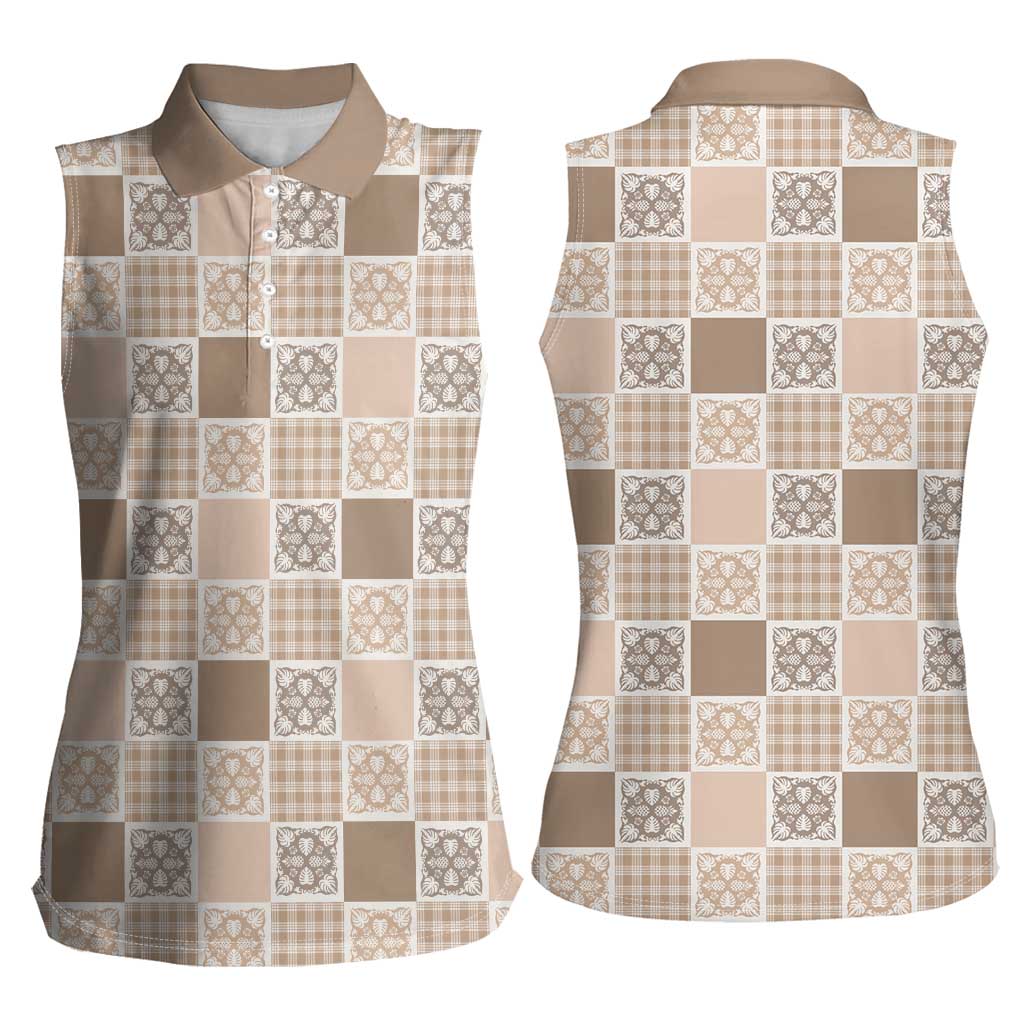 Hawaiian Palaka Quilt Pattern Women Sleeveless Polo Shirt Hawaii Culture Tropical Flowers Mix - Polynesian Pride