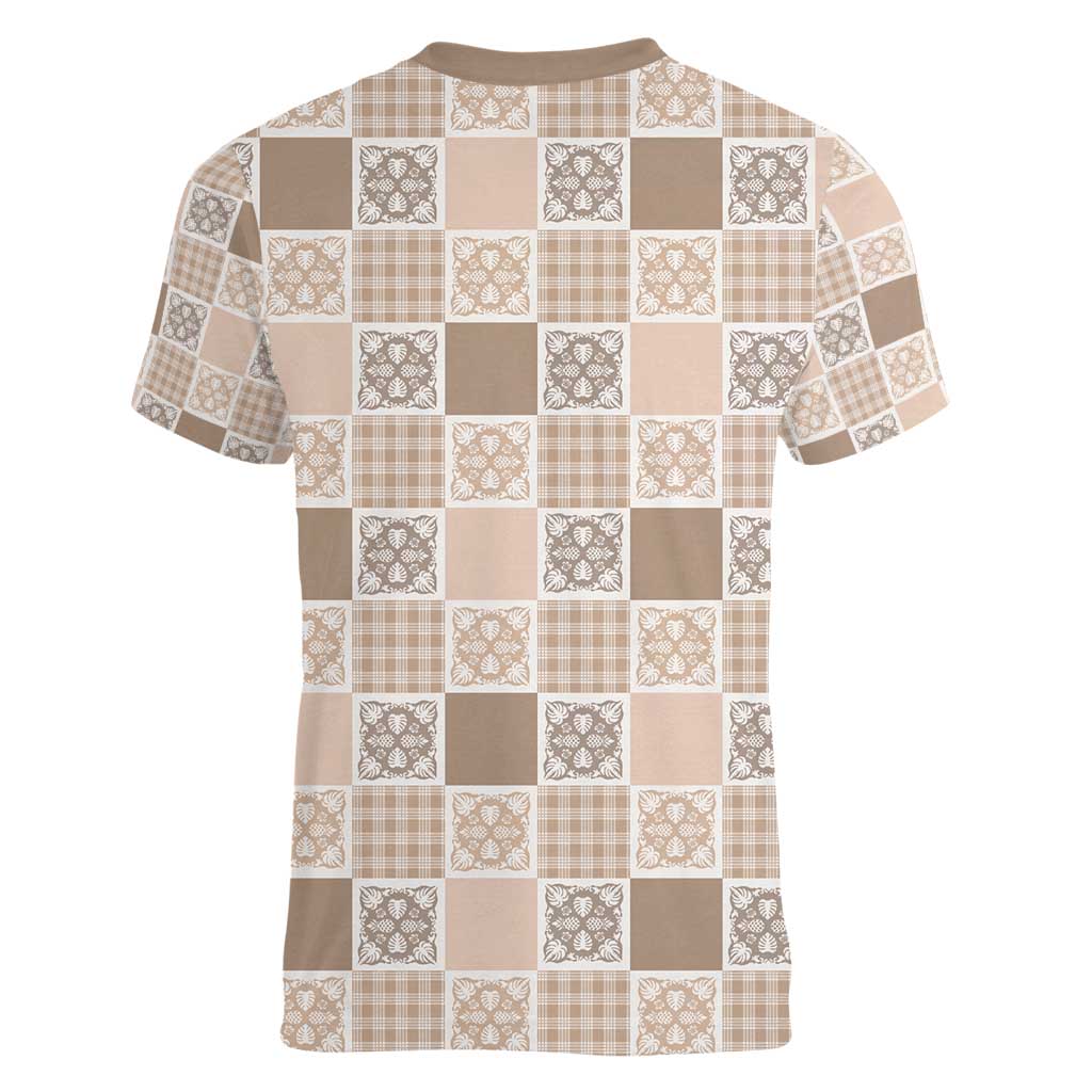 Hawaiian Palaka Quilt Pattern Women V-Neck T-Shirt Hawaii Culture Tropical Flowers Mix - Polynesian Pride