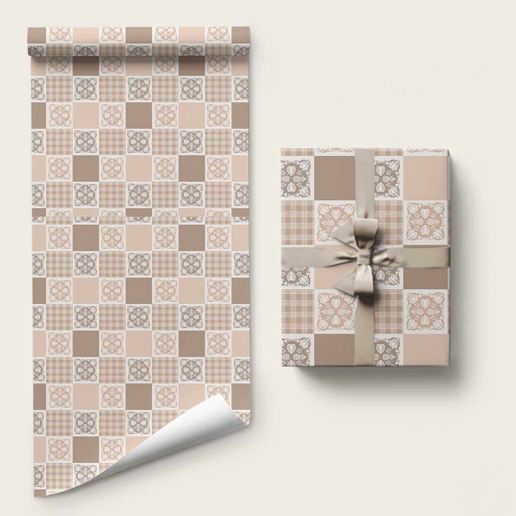 Hawaiian Palaka Quilt Pattern Wrapping Paper Hawaii Culture Tropical Flowers Mix LT9 58" × 23" Beige - Polynesian Pride