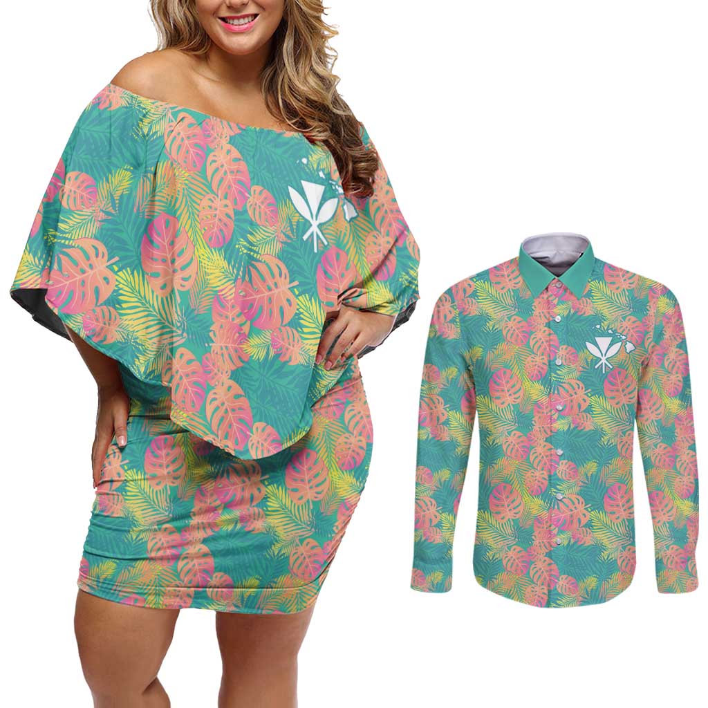 Seamless Hawaiian Quilt Pattern Couples Matching Off Shoulder Short Dress and Long Sleeve Button Shirt Hawaii Culture Palm Leaf Tropical - Polynesian Pride