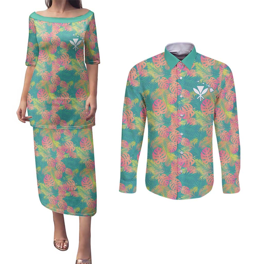 Seamless Hawaiian Quilt Pattern Couples Matching Puletasi and Long Sleeve Button Shirt Hawaii Culture Palm Leaf Tropical - Polynesian Pride