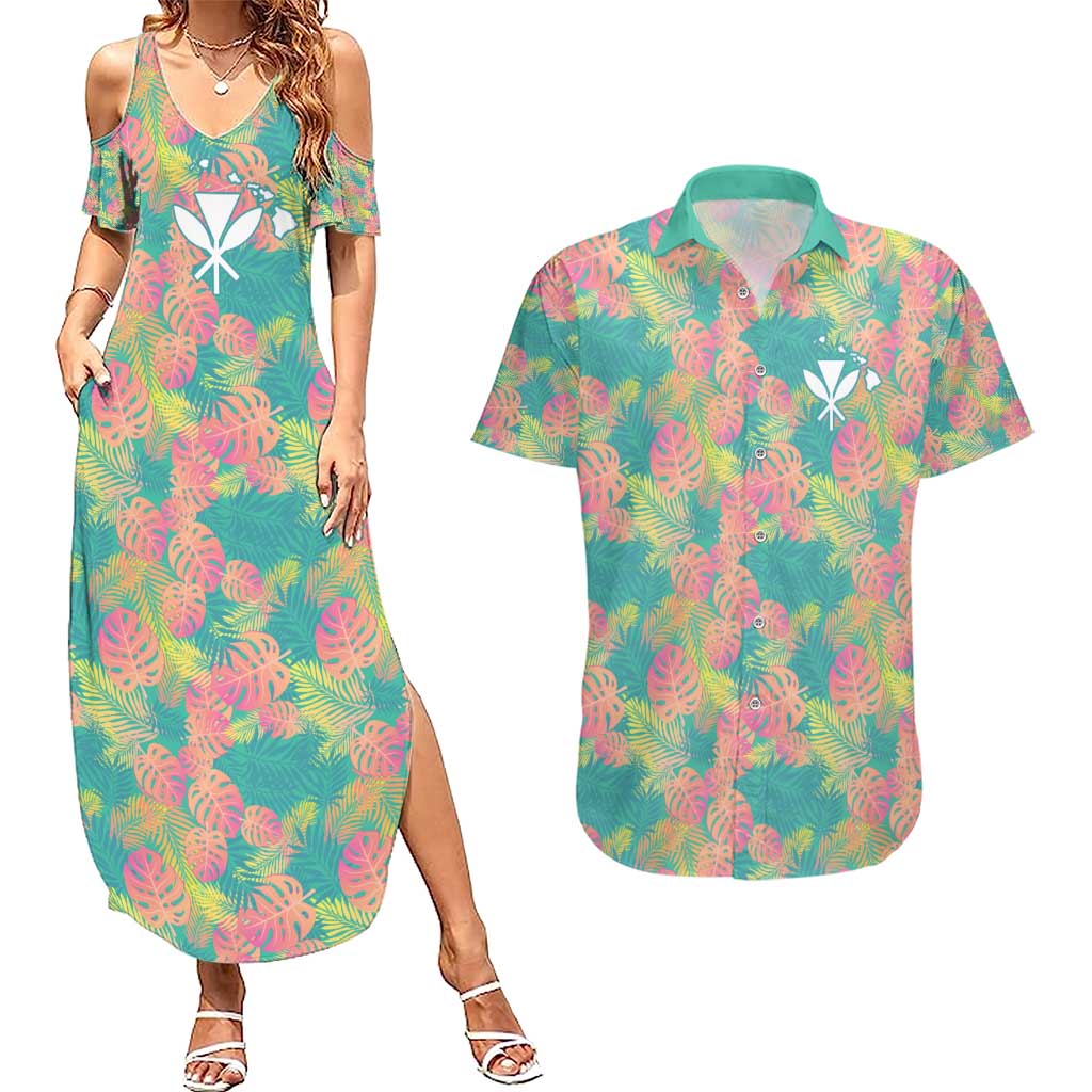 Seamless Hawaiian Quilt Pattern Couples Matching Summer Maxi Dress and Hawaiian Shirt Hawaii Culture Palm Leaf Tropical - Polynesian Pride