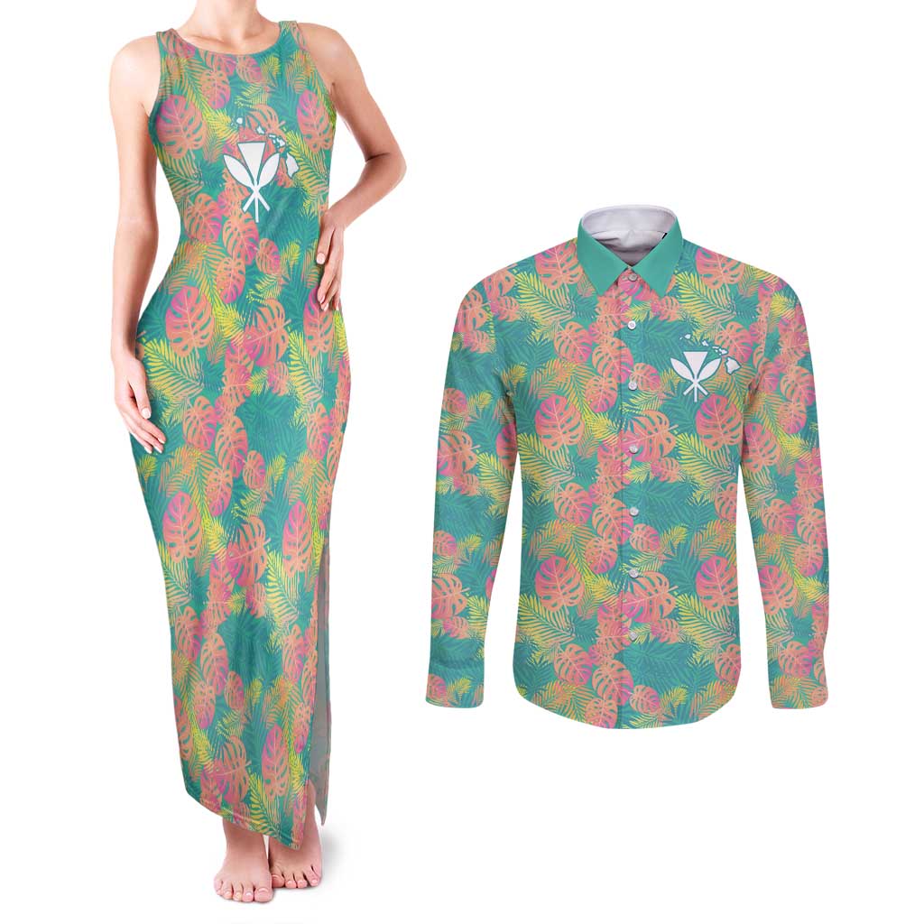 Seamless Hawaiian Quilt Pattern Couples Matching Tank Maxi Dress and Long Sleeve Button Shirt Hawaii Culture Palm Leaf Tropical - Polynesian Pride