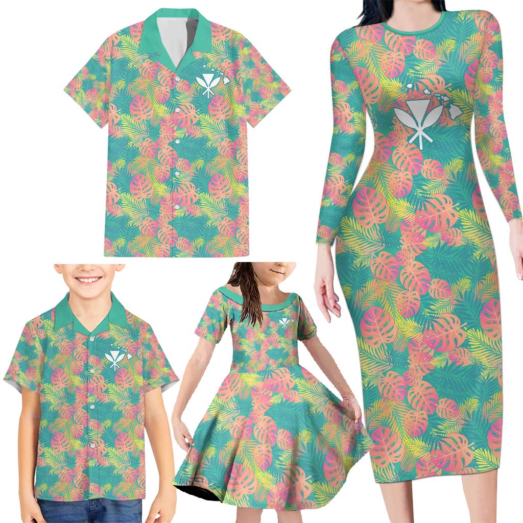 Seamless Hawaiian Quilt Pattern Family Matching Long Sleeve Bodycon Dress and Hawaiian Shirt Hawaii Culture Palm Leaf Tropical - Polynesian Pride