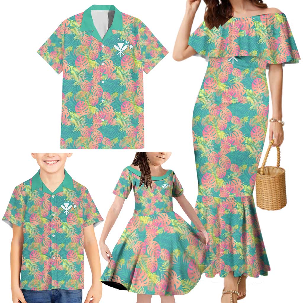Seamless Hawaiian Quilt Pattern Family Matching Mermaid Dress and Hawaiian Shirt Hawaii Culture Palm Leaf Tropical - Polynesian Pride