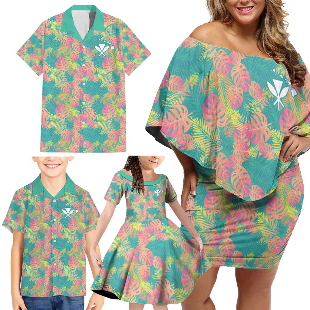 Seamless Hawaiian Quilt Pattern Family Matching Off Shoulder Short Dress and Hawaiian Shirt Hawaii Culture Palm Leaf Tropical - Polynesian Pride
