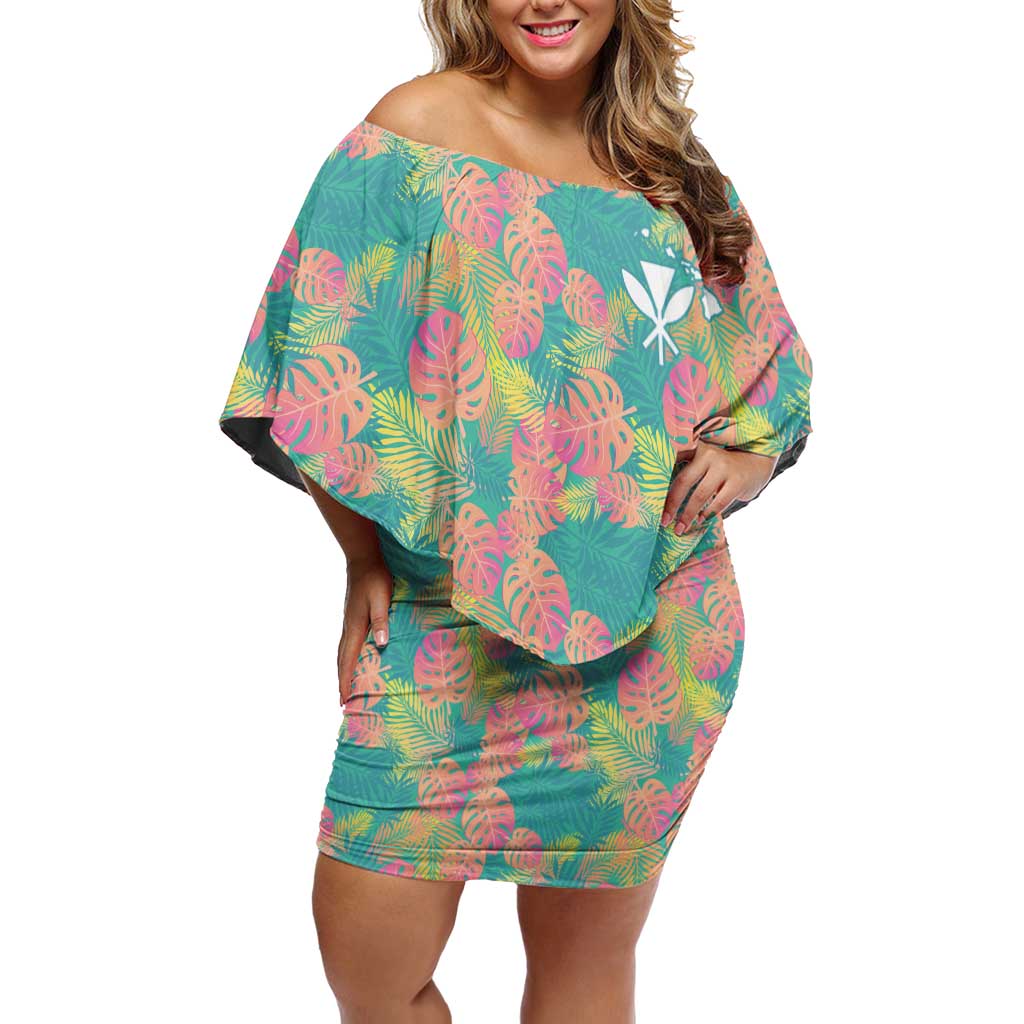 Seamless Hawaiian Quilt Pattern Off Shoulder Short Dress Hawaii Culture Palm Leaf Tropical - Polynesian Pride