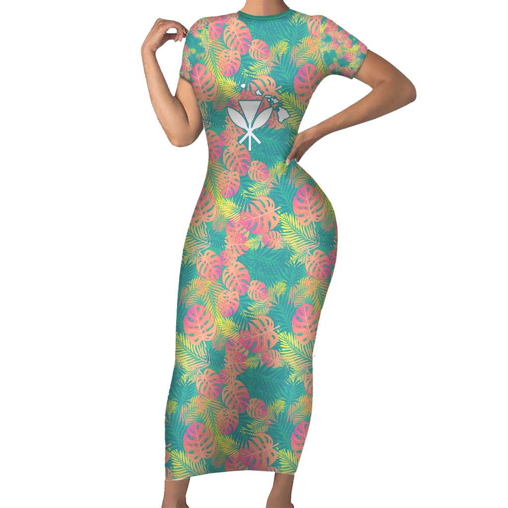 Seamless Hawaiian Quilt Pattern Short Sleeve Bodycon Dress Hawaii Culture Palm Leaf Tropical - Polynesian Pride
