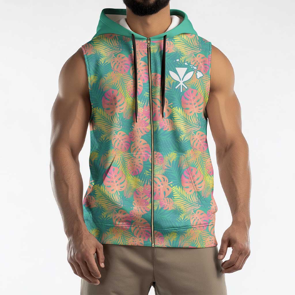 Seamless Hawaiian Quilt Pattern Sleeveless Zip Hoodie Hawaii Culture Palm Leaf Tropical - Polynesian Pride