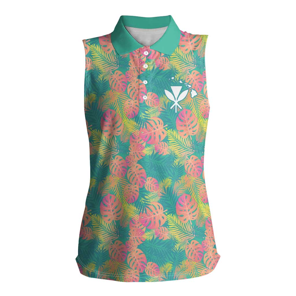 Seamless Hawaiian Quilt Pattern Women Sleeveless Polo Shirt Hawaii Culture Palm Leaf Tropical - Polynesian Pride