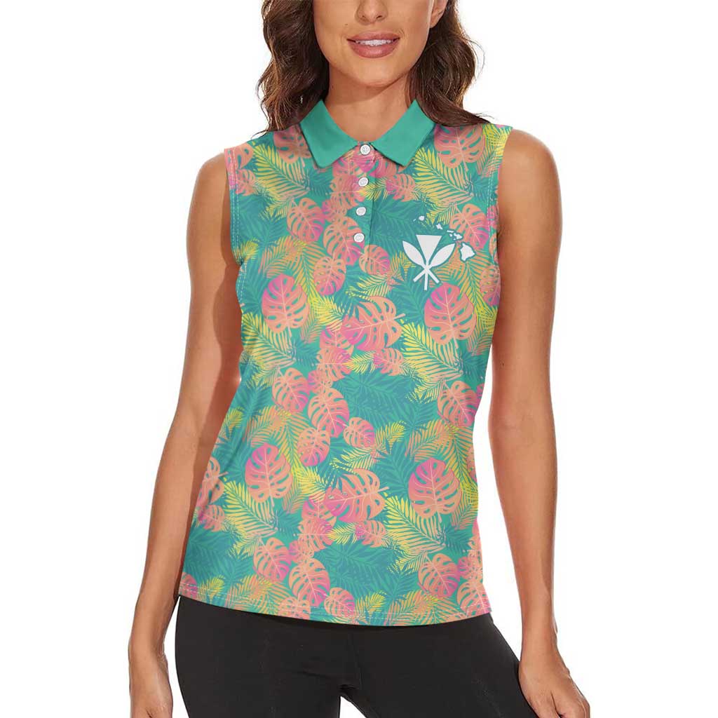 Seamless Hawaiian Quilt Pattern Women Sleeveless Polo Shirt Hawaii Culture Palm Leaf Tropical - Polynesian Pride