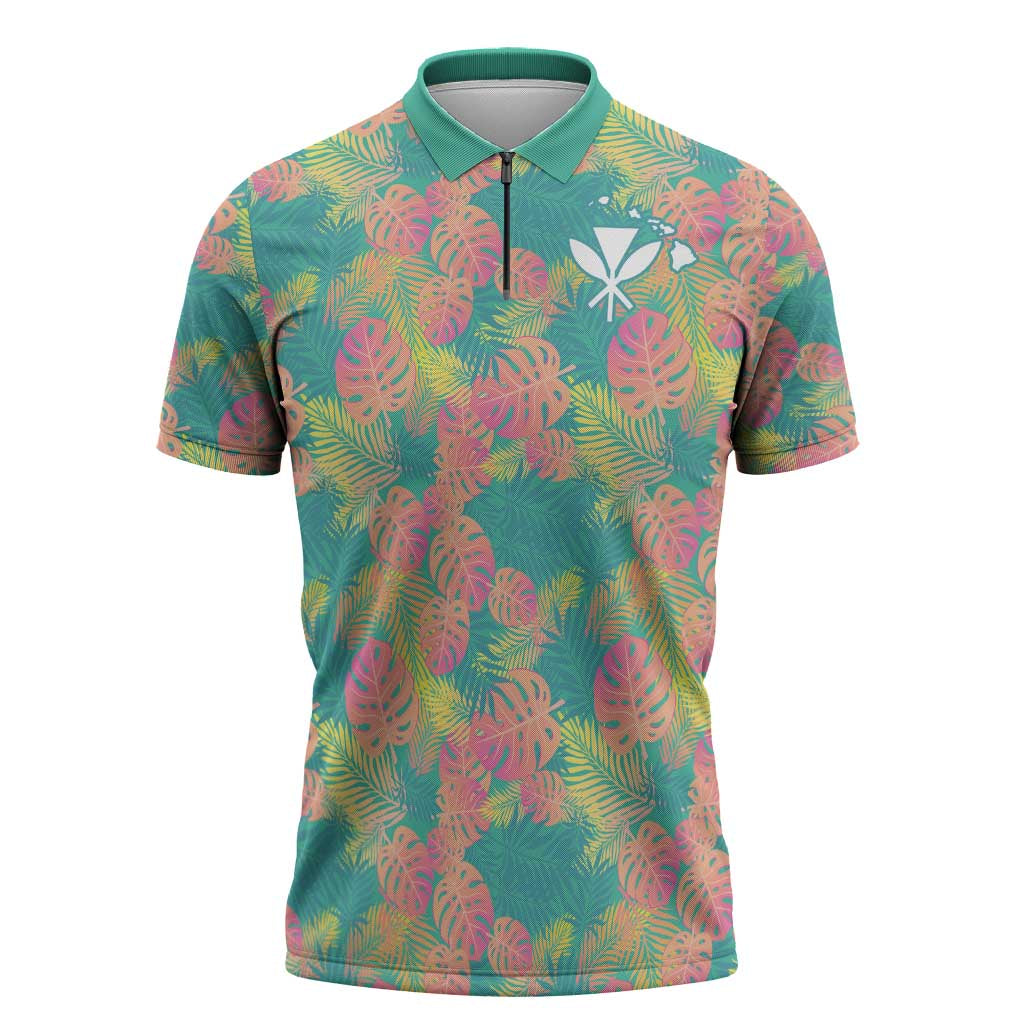 Seamless Hawaiian Quilt Pattern Zipper Polo Shirt Hawaii Culture Palm Leaf Tropical - Polynesian Pride
