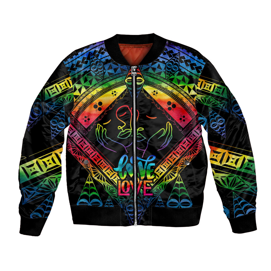 Tonga LGBT Bomber Jacket Love Is Love Ngatu Rainbow Water Color LT9 Unisex Black - Polynesian Pride