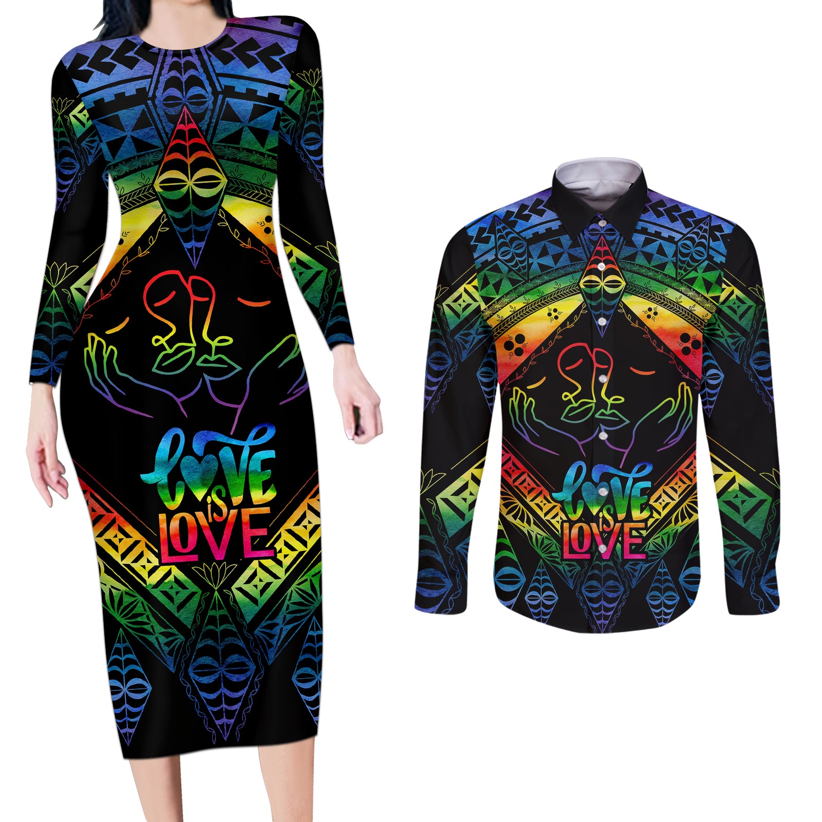 Tonga LGBT Couples Matching Long Sleeve Bodycon Dress and Long Sleeve Button Shirts Love Is Love Ngatu Rainbow Water Color LT9 Black - Polynesian Pride