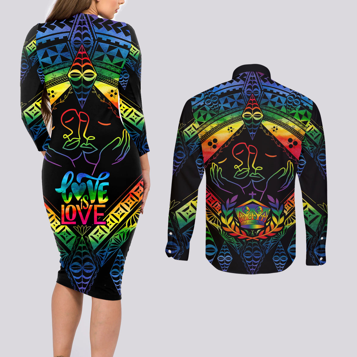 tonga-lgbt-couples-matching-long-sleeve-bodycon-dress-and-long-sleeve-button-shirts-love-is-love-ngatu-rainbow-water-color