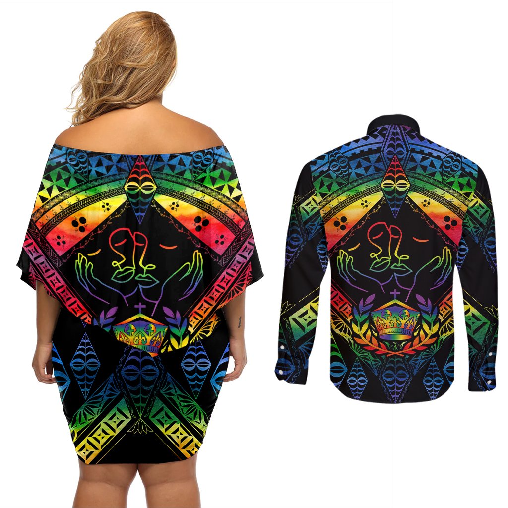 tonga-lgbt-couples-matching-off-shoulder-short-dress-and-long-sleeve-button-shirts-love-is-love-ngatu-rainbow-water-color