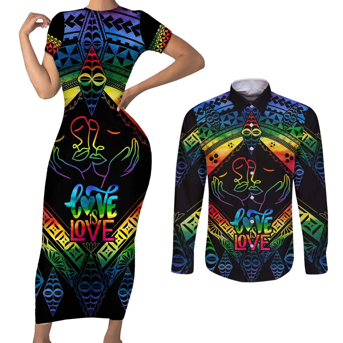 tonga-lgbt-couples-matching-short-sleeve-bodycon-dress-and-long-sleeve-button-shirts-love-is-love-ngatu-rainbow-water-color