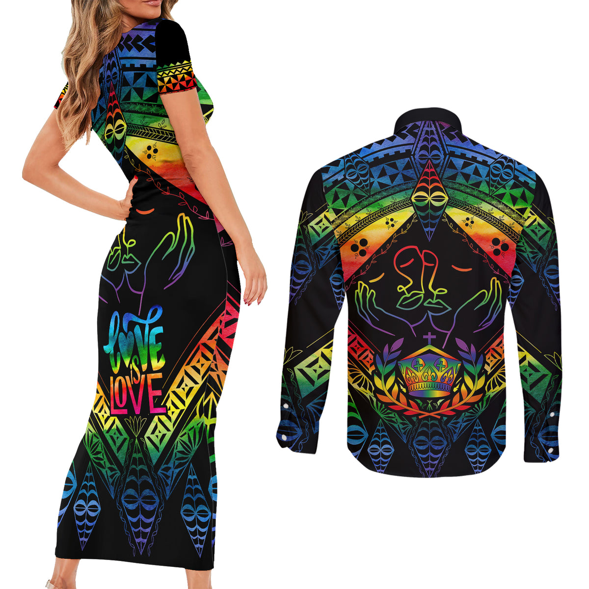 tonga-lgbt-couples-matching-short-sleeve-bodycon-dress-and-long-sleeve-button-shirts-love-is-love-ngatu-rainbow-water-color