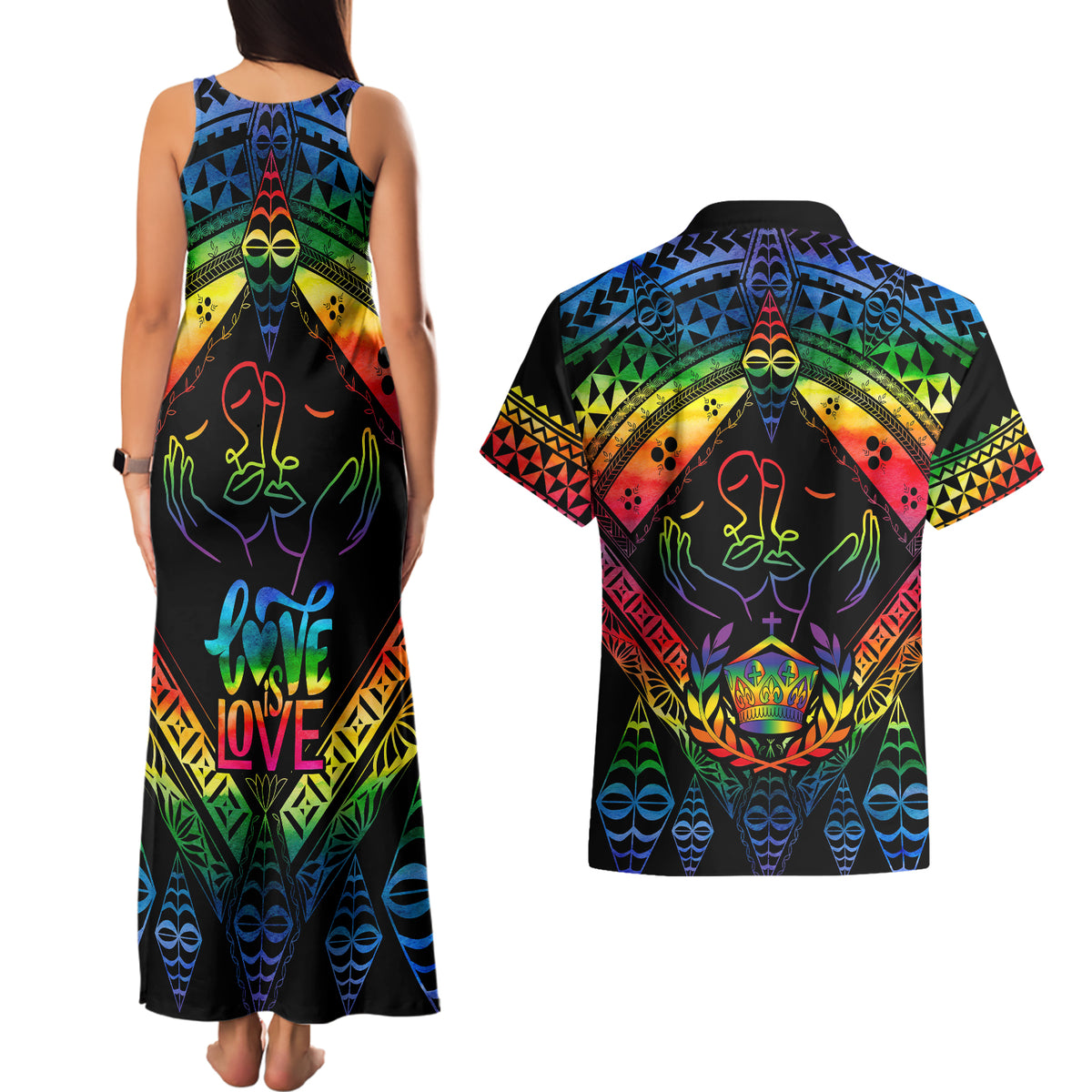 tonga-lgbt-couples-matching-tank-maxi-dress-and-hawaiian-shirt-love-is-love-ngatu-rainbow-water-color
