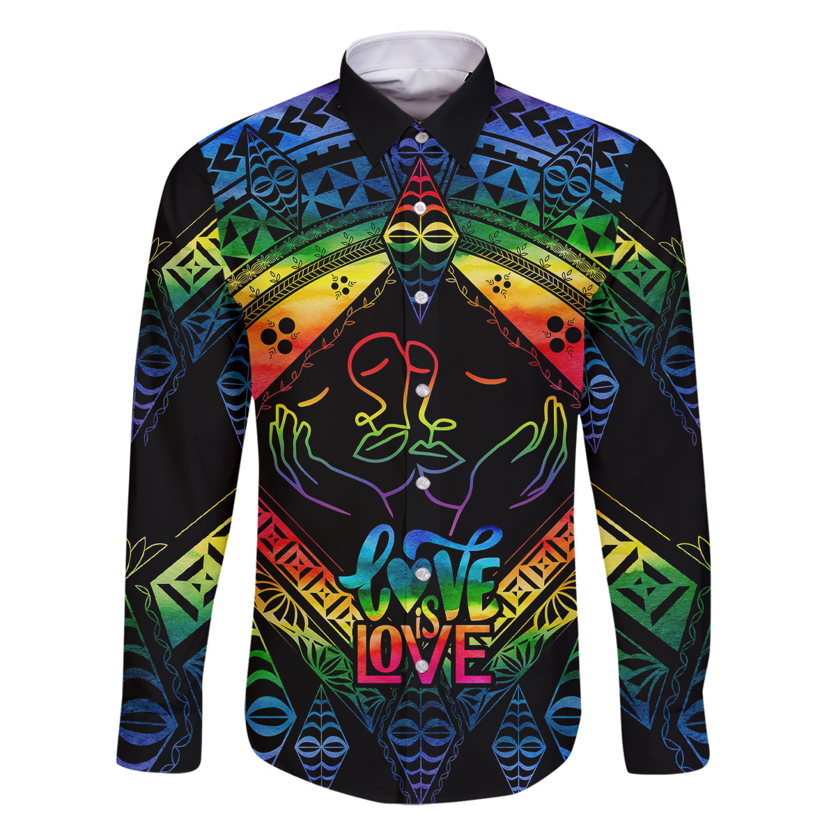 Tonga LGBT Family Matching Puletasi Dress and Hawaiian Shirt Love Is Love Ngatu Rainbow Water Color LT9 Dad's Shirt - Long Sleeve Black - Polynesian Pride
