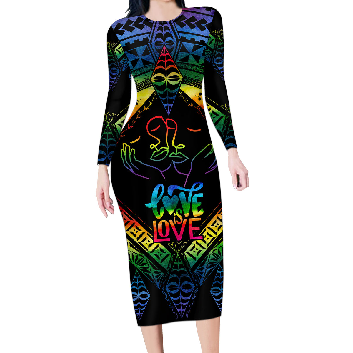 Tonga LGBT Long Sleeve Bodycon Dress Love Is Love Ngatu Rainbow Water - Polynesian Pride Tonga LGBT Long Sleeve Bodycon Dress Love Is Love Ngatu Rainbow Water - Polynesian Pride