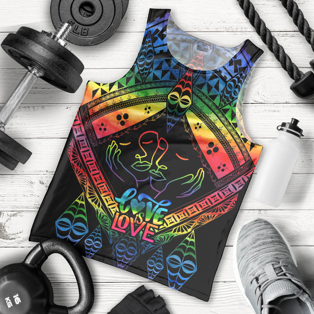 Tonga LGBT Men Tank Top Love Is Love Ngatu Rainbow Water Color LT9 Black - Polynesian Pride