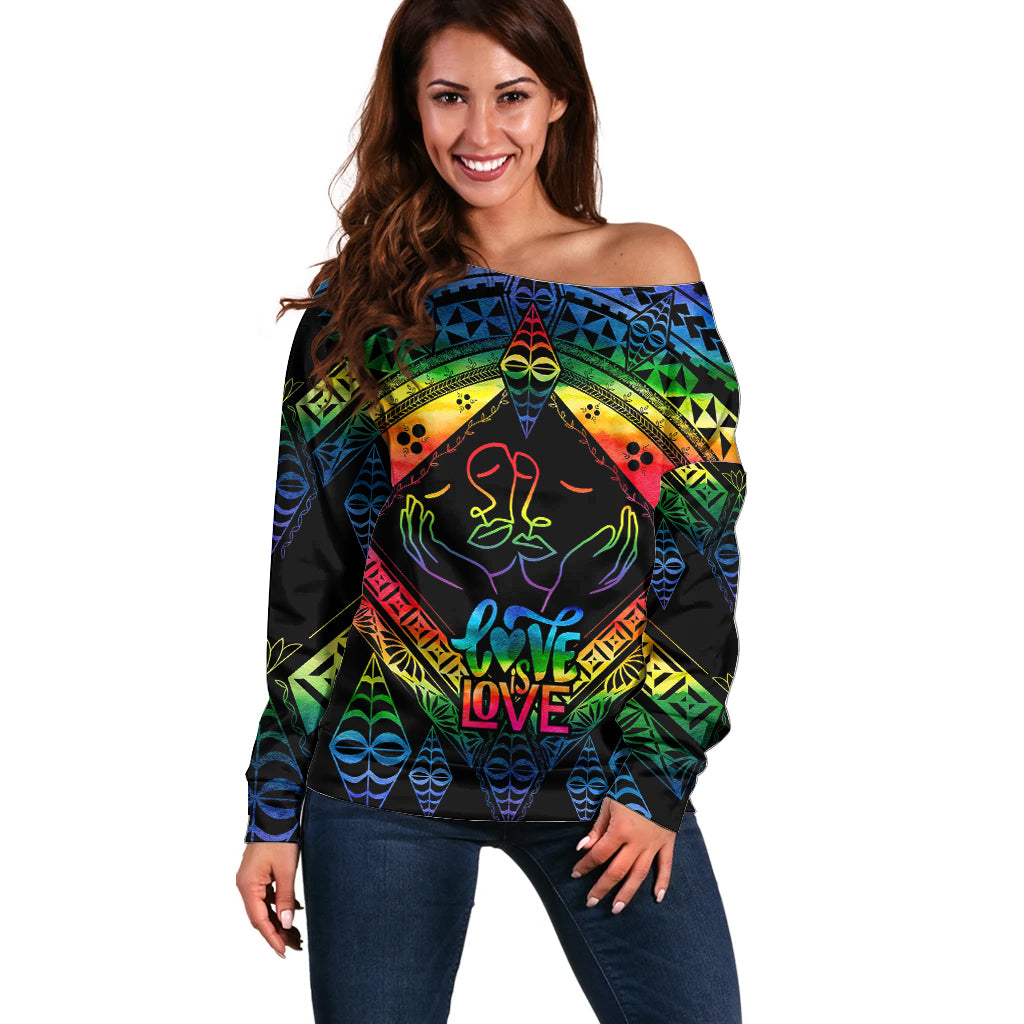 Tonga LGBT Off Shoulder Sweater Love Is Love Ngatu Rainbow Water Color LT9 Women Black - Polynesian Pride
