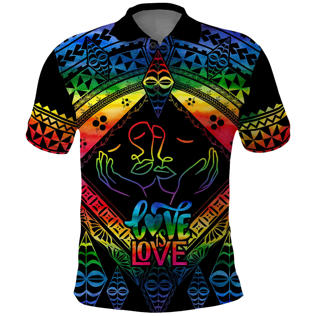 Tonga LGBT Polo Shirt Love Is Love Ngatu Rainbow Water Color LT9 Black - Polynesian Pride