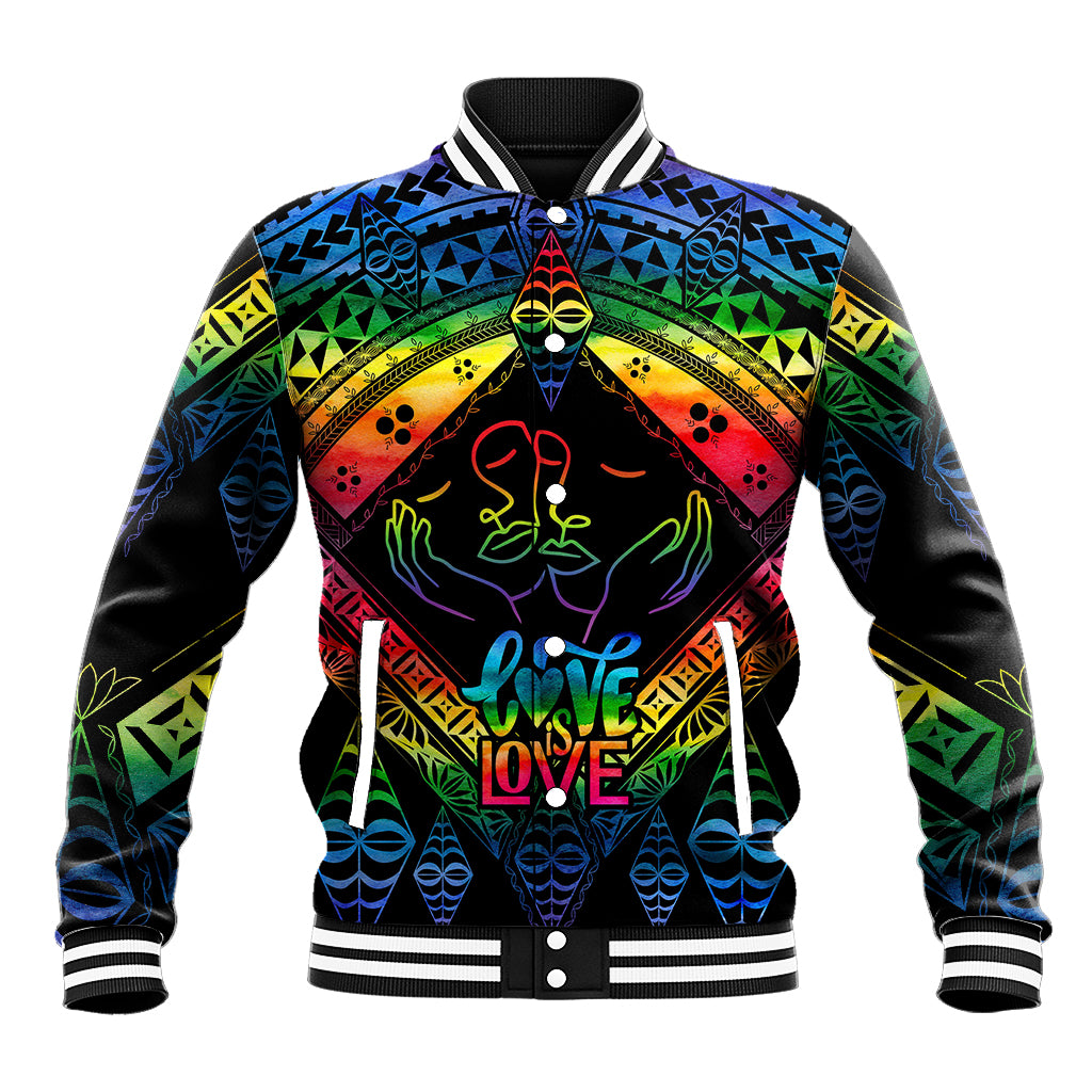 Personalised Tonga LGBT Baseball Jacket Love Is Love Ngatu Rainbow Water Color LT9 Unisex Black - Polynesian Pride