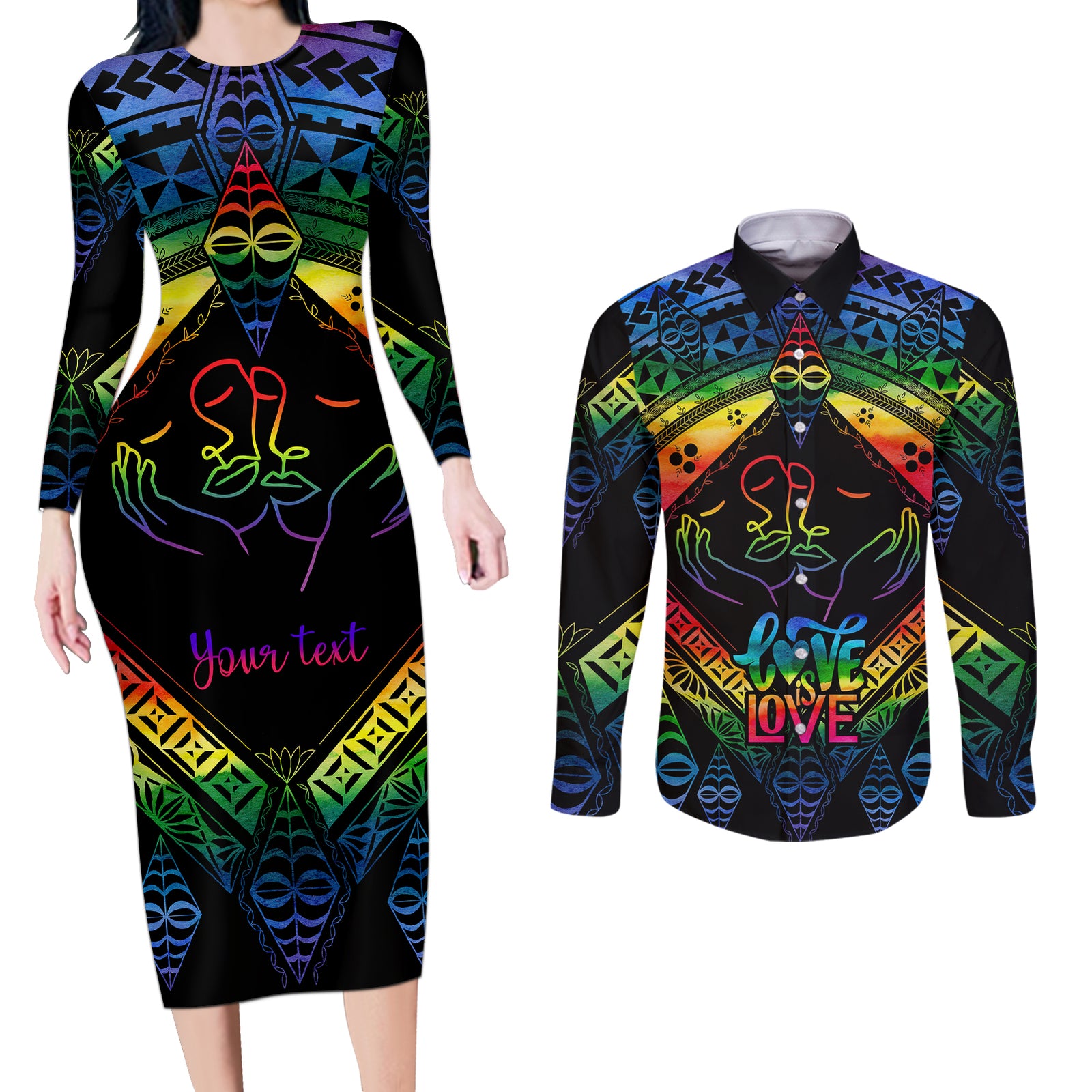 Personalised Tonga LGBT Couples Matching Long Sleeve Bodycon Dress and Long Sleeve Button Shirts Love Is Love Ngatu Rainbow Water Color LT9 Black - Polynesian Pride