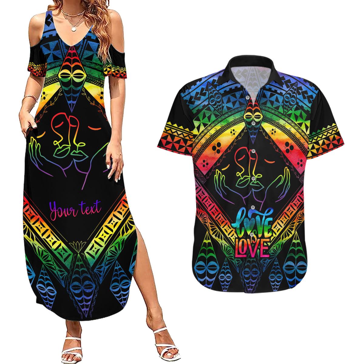 personalised-tonga-lgbt-couples-matching-summer-maxi-dress-and-hawaiian-shirt-love-is-love-ngatu-rainbow-water-color