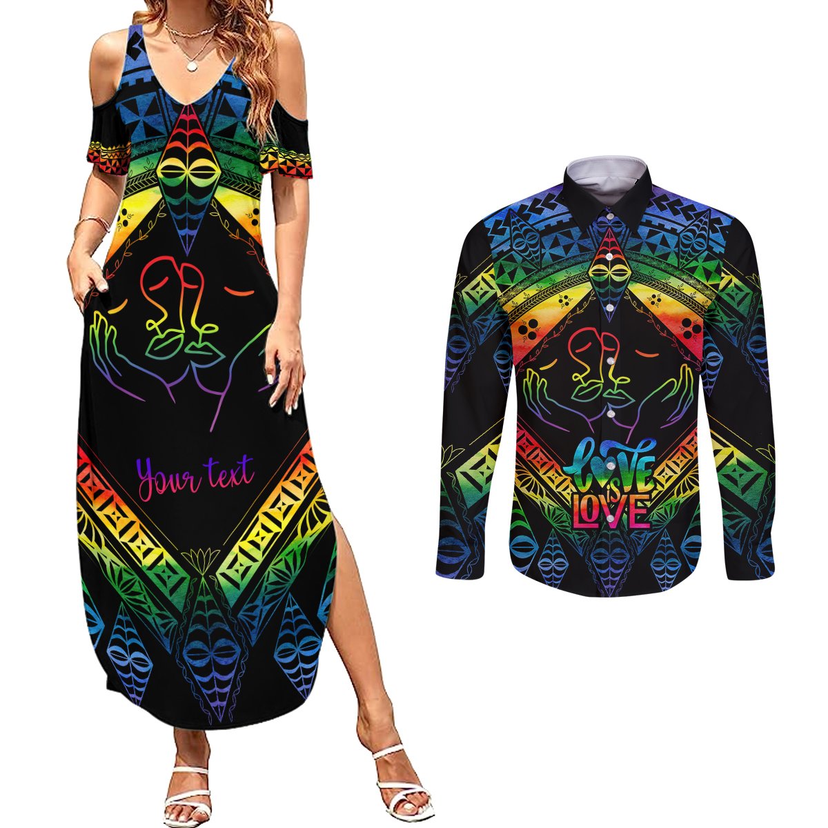 Personalised Tonga LGBT Couples Matching Summer Maxi Dress and Long Sleeve Button Shirts Love Is Love Ngatu Rainbow Water Color LT9 Black - Polynesian Pride