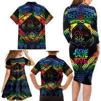 Personalised Tonga LGBT Family Matching Long Sleeve Bodycon Dress and Hawaiian Shirt Love Is Love Ngatu Rainbow Water Color LT9 - Polynesian Pride