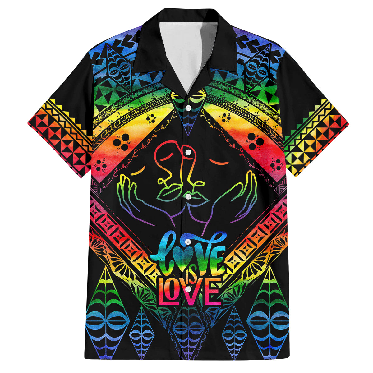 Personalised Tonga LGBT Family Matching Puletasi Dress and Hawaiian Shirt Love Is Love Ngatu Rainbow Water Color LT9 Dad's Shirt - Short Sleeve Black - Polynesian Pride