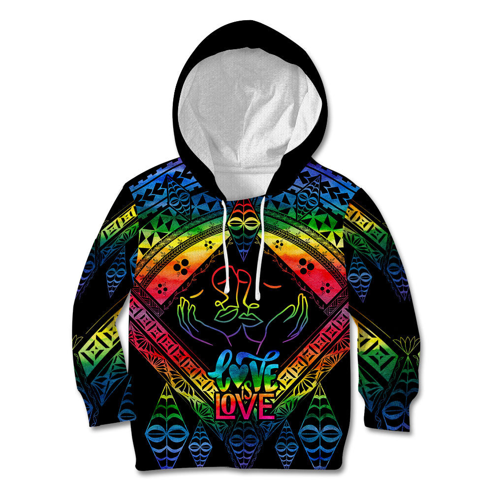 Personalised Tonga LGBT Kid Hoodie Love Is Love Ngatu Rainbow Water Color LT9 Hoodie Black - Polynesian Pride