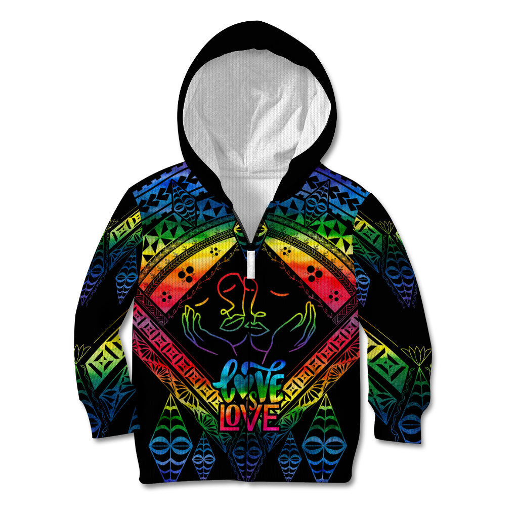 Personalised Tonga LGBT Kid Hoodie Love Is Love Ngatu Rainbow Water Color LT9 Zip Hoodie Black - Polynesian Pride