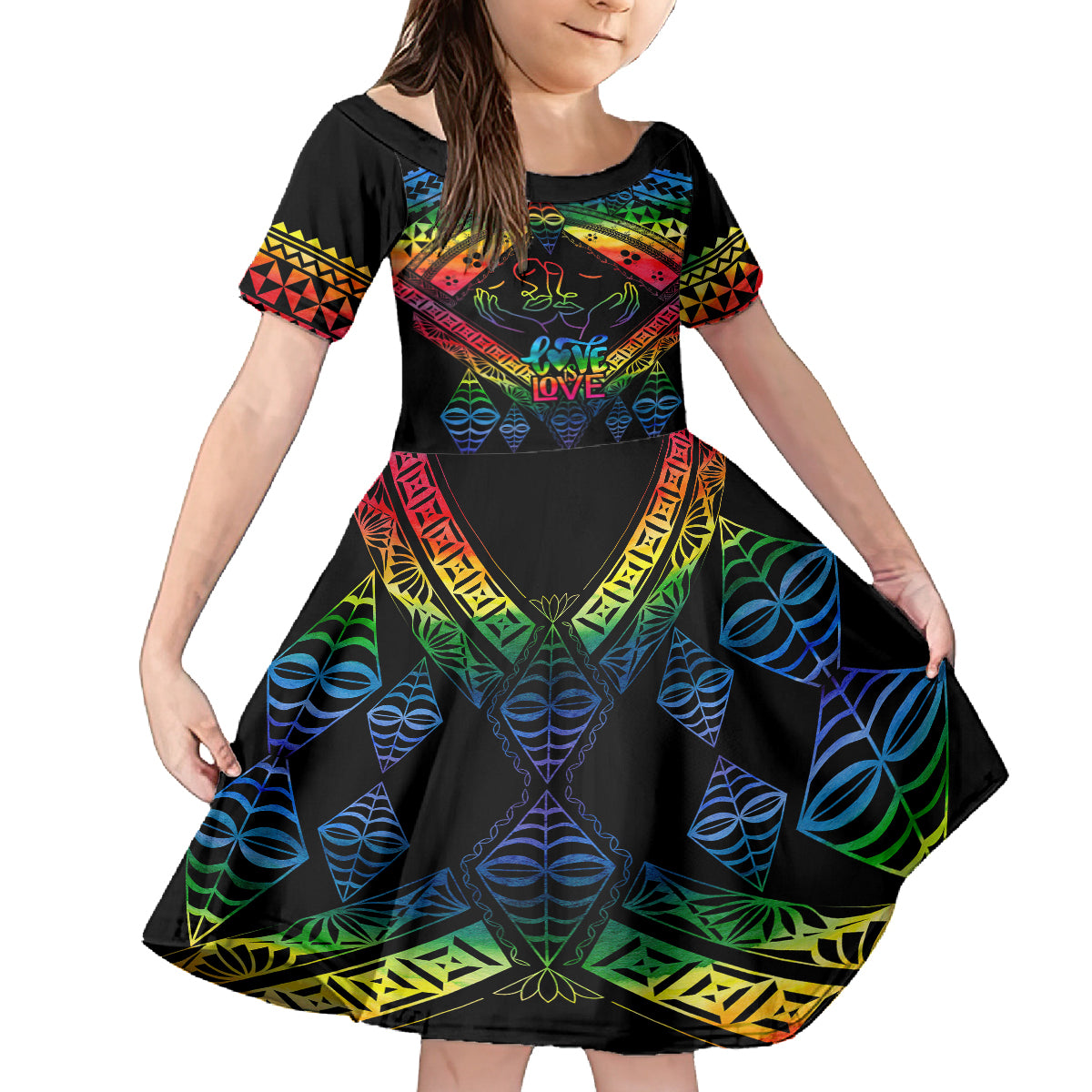 personalised-tonga-lgbt-kid-short-sleeve-dress-love-is-love-ngatu-rainbow-water-color