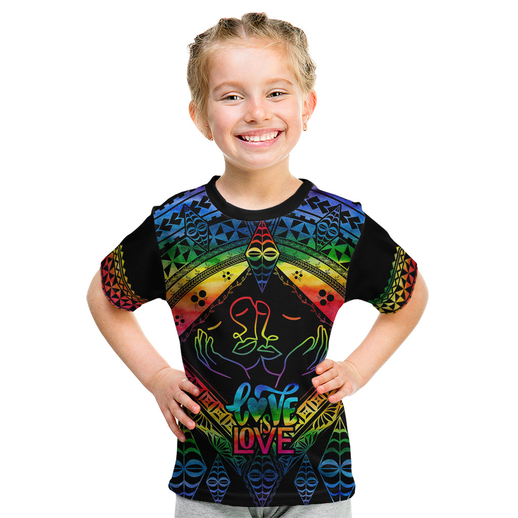 Personalised Tonga LGBT Kid T Shirt Love Is Love Ngatu Rainbow Water Color LT9 Black - Polynesian Pride
