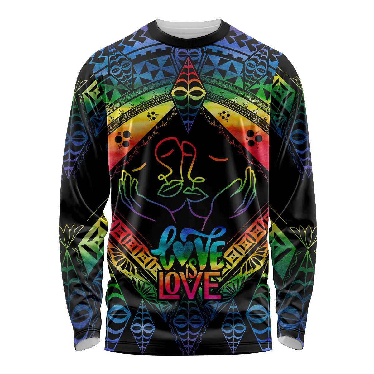 Personalised Tonga LGBT Long Sleeve Shirt Love Is Love Ngatu Rainbow Water Color LT9 Unisex Black - Polynesian Pride