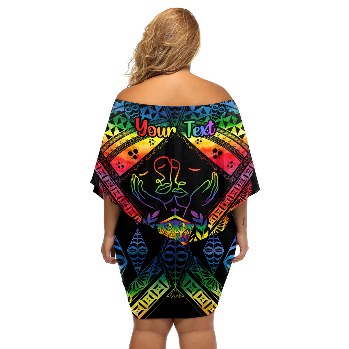 personalised-tonga-lgbt-off-shoulder-short-dress-love-is-love-ngatu-rainbow-water-color