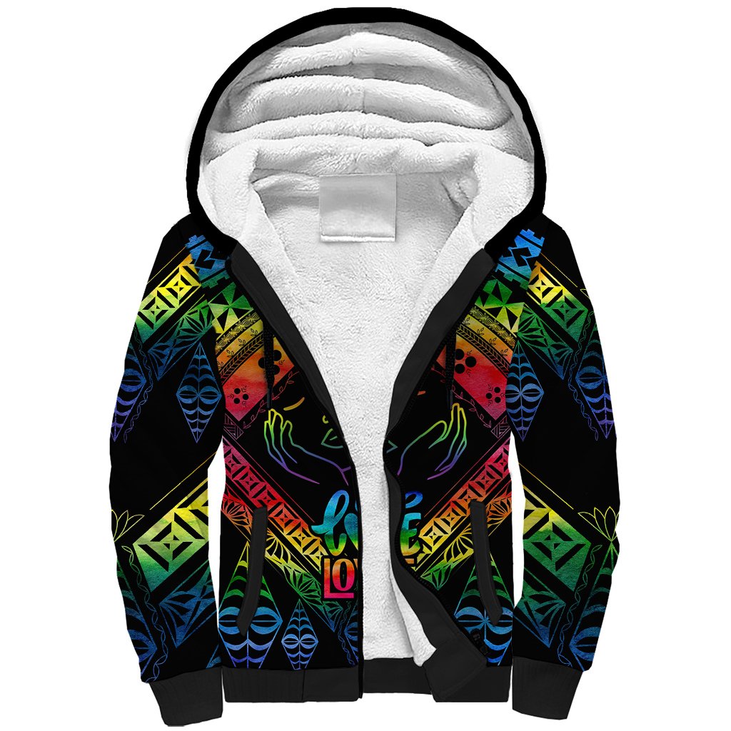 Personalised Tonga LGBT Sherpa Hoodie Love Is Love Ngatu Rainbow Water Color LT9 Unisex Black - Polynesian Pride