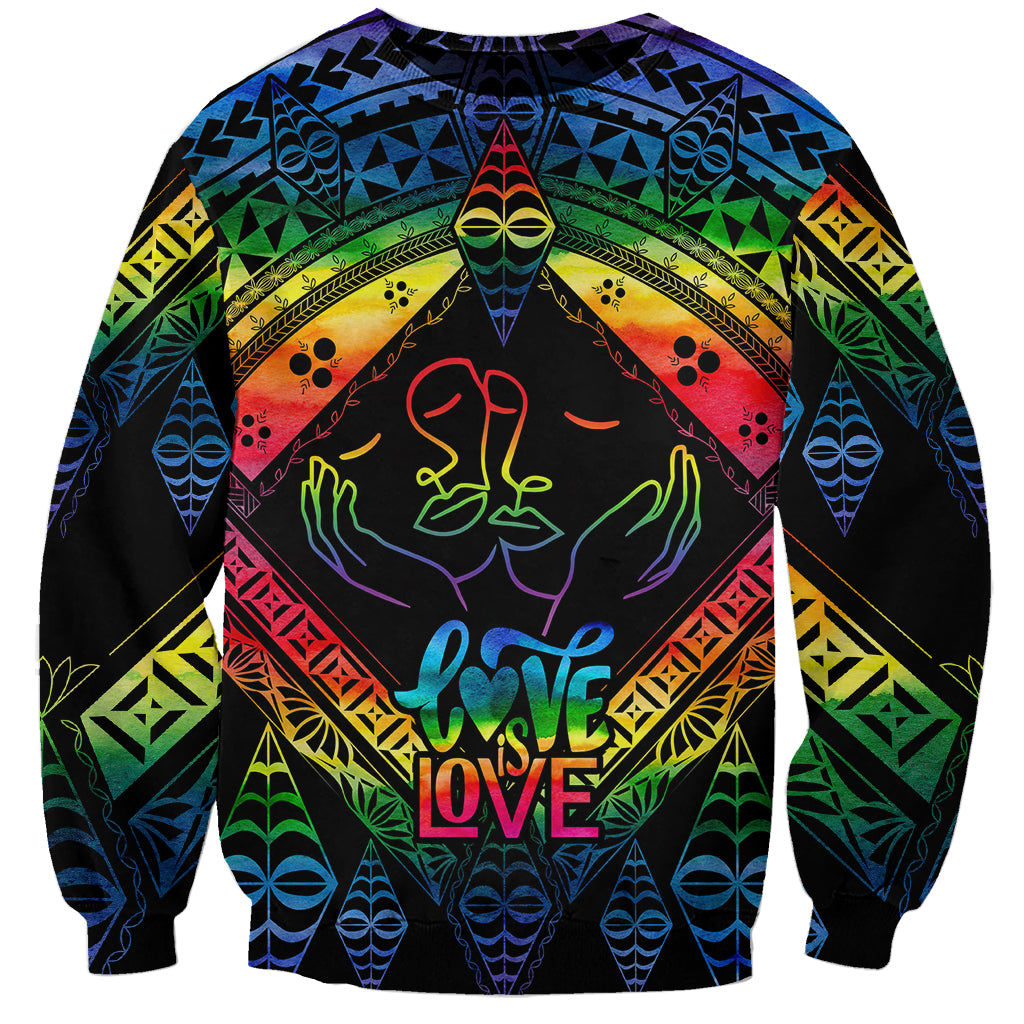 Personalised Tonga LGBT Sweatshirt Love Is Love Ngatu Rainbow Water Color LT9 Unisex Black - Polynesian Pride