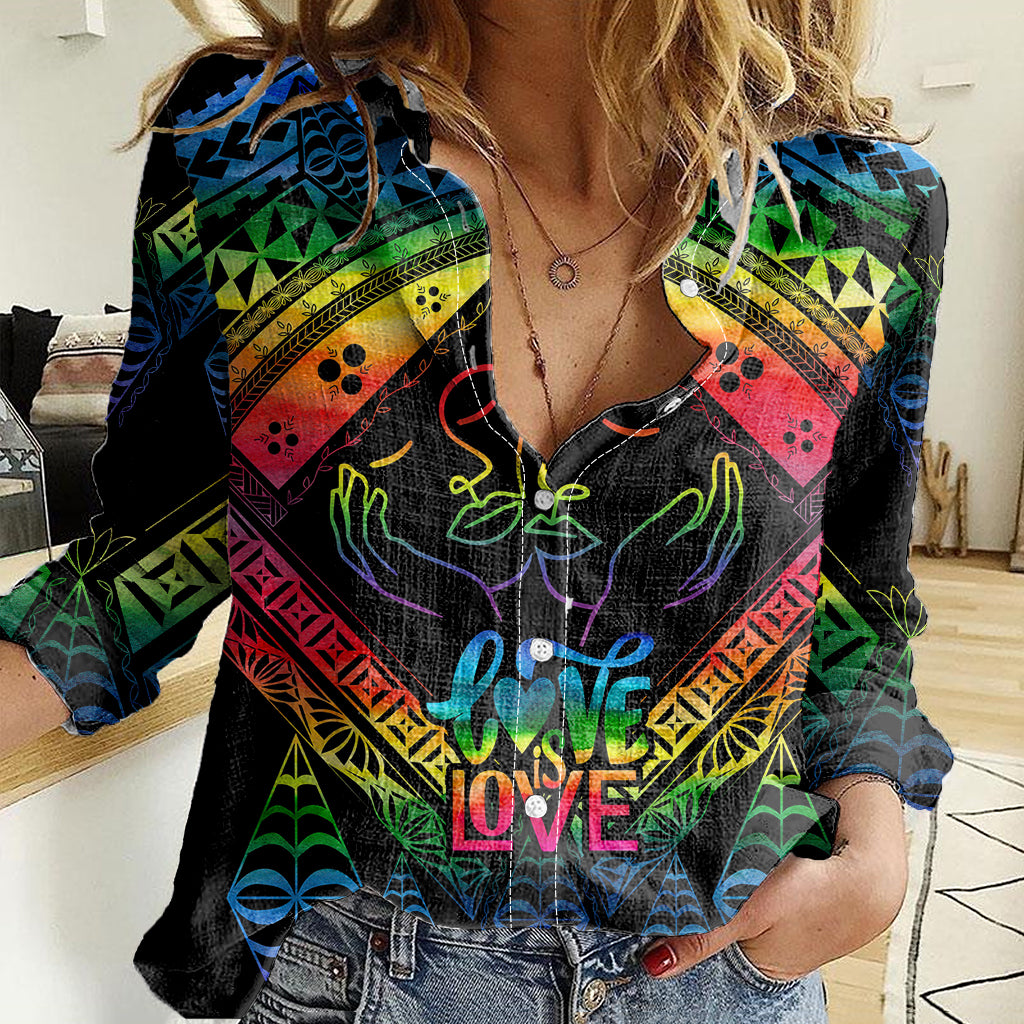 Personalised Tonga LGBT Women Casual Shirt Love Is Love Ngatu Rainbow Water Color LT9 Female Black - Polynesian Pride