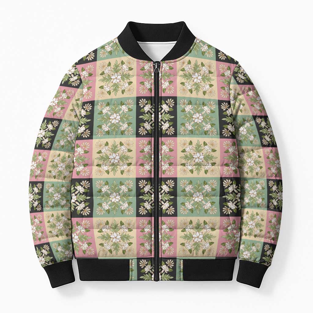 Seamless Pattern Maile and Pikake Lei Bomber Puffer Jacket Squares Maile Leaf - Polynesian Pride