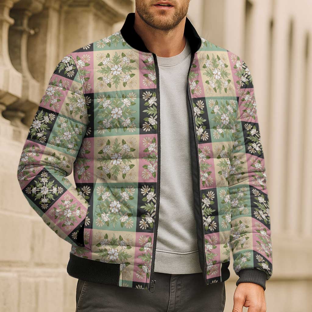 Seamless Pattern Maile and Pikake Lei Bomber Puffer Jacket Squares Maile Leaf - Polynesian Pride